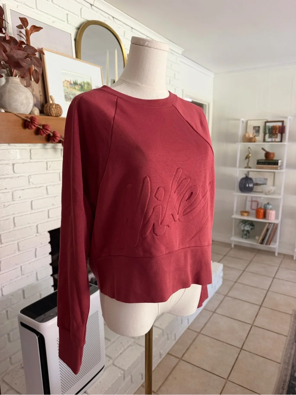 Nike Women's Maroon Embossed Logo Crewneck Sweatshirt | Athleisure